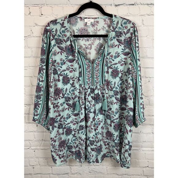 J.JILL light blue tassels A-line boho peasant floral blouse top tunic S NWOT - Picture 1 of 8